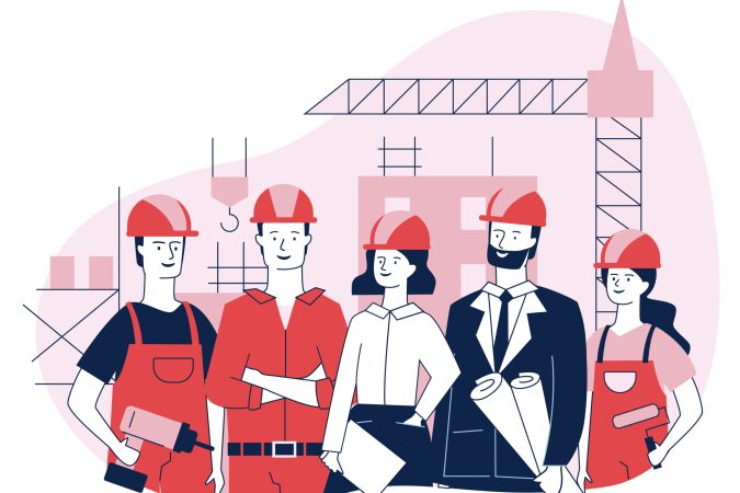 Engineering and construction workers standing together vector illustration. Construction team holding tools and site plans. Architects and builders standing in safety helmets at construction site.
